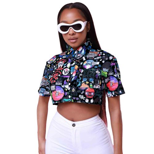 Polyester Slim Women Short Sleeve Shirt midriff-baring printed graffiti PC