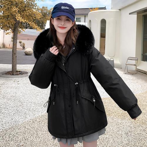 Polyester Women Parkas fleece & mid-long style & with detachable hat Solid PC