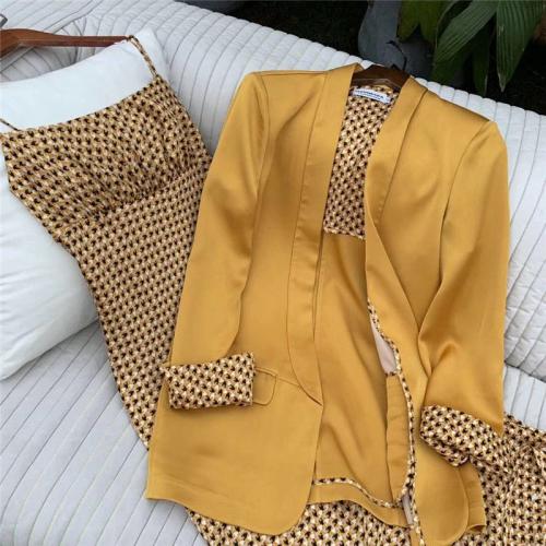 Polyester Two-Piece Dress Set  Solid yellow PC