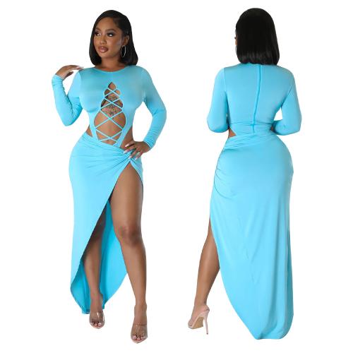 Polyester Slim Two-Piece Dress Set side slit & two piece & hollow Set