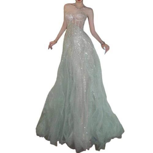 Polyester Long Evening Dress large hem design & tube patchwork Solid green PC