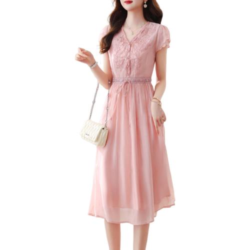 Polyester Slim One-piece Dress pink PC