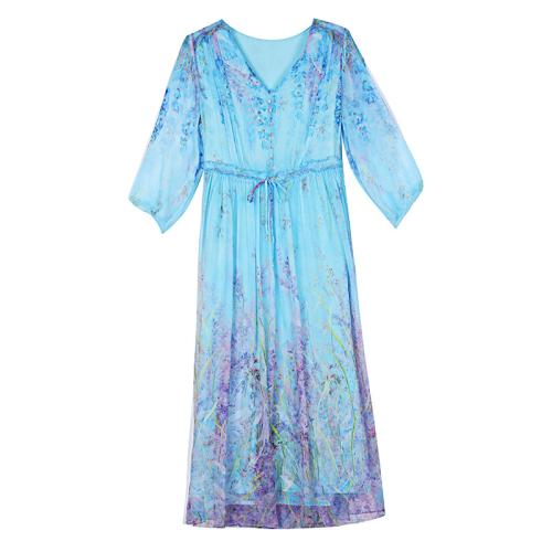 Polyester Einteiliges Kleid, Gedruckt, Zittern, Blau,  Stück