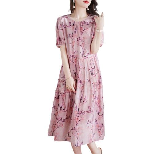 Polyester One-piece Dress & loose printed leaf pattern pink PC