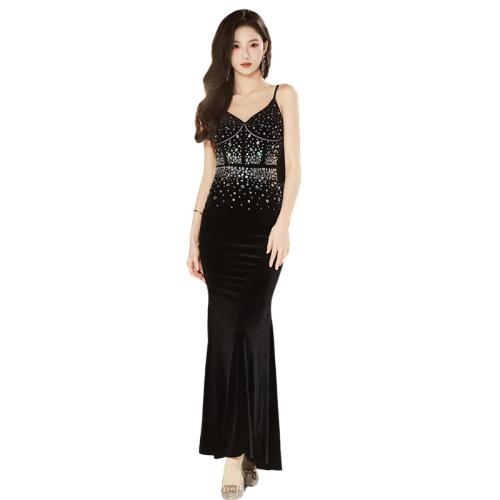 Polyester Mermaid Long Evening Dress backless patchwork Solid black PC