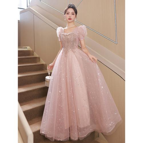 Polyester Slim Long Evening Dress large hem design patchwork Solid pink PC