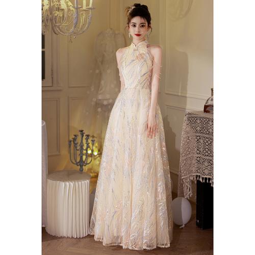 Polyester Long Evening Dress large hem design & off shoulder patchwork Solid champagne PC