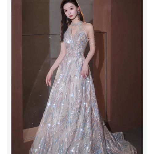 Polyester Long Evening Dress large hem design & off shoulder patchwork PC