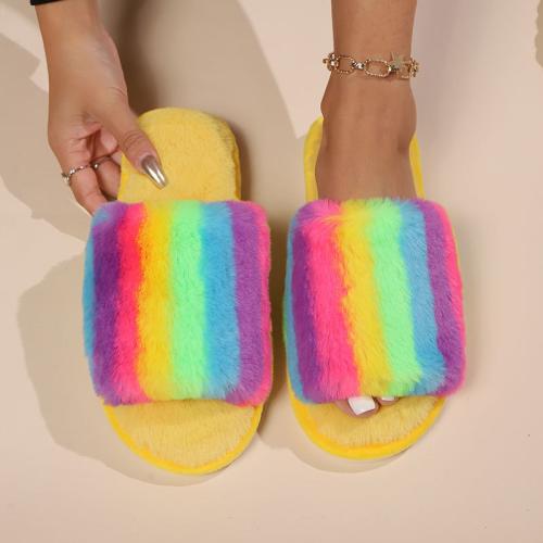 Plush & PVC Fluffy slippers & anti-skidding & thermal printed rainbow pattern Pair