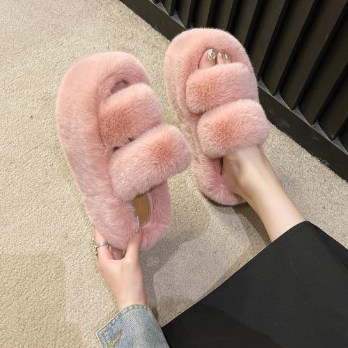 Plush & Rubber & PU Leather Flange Fluffy slippers & thermal Pair