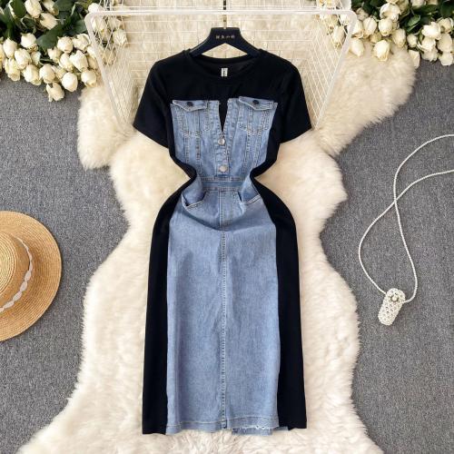 Denim & Polyester Waist-controlled Sexy Package Hip Dresses back split & breathable Solid PC