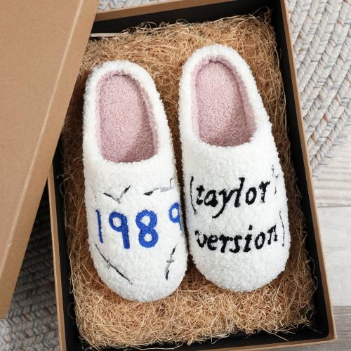 Plush & PVC Fluffy slippers hardwearing & thermal letter white Pair