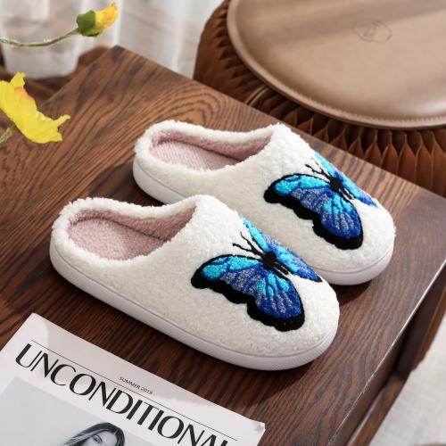 Plush & PVC Fluffy slippers hardwearing & thermal butterfly pattern white Pair