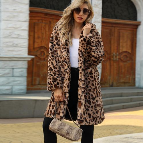 Artificial Wool Sweater Coat mid-long style & loose & thermal leopard brown PC