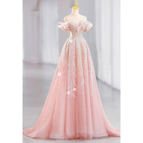 Polyester Long Evening Dress large hem design  & tube patchwork Solid pink PC