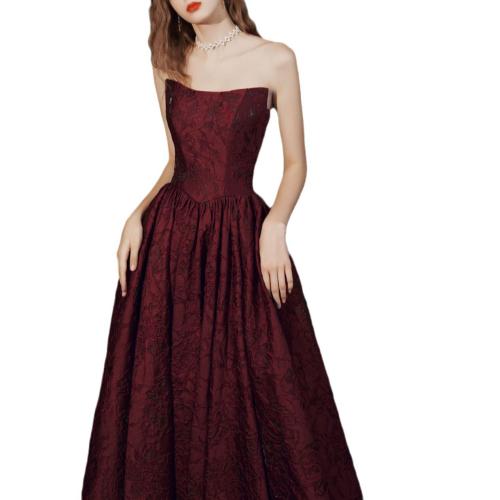 Polyester Long Evening Dress large hem design & tube patchwork Solid wine red PC