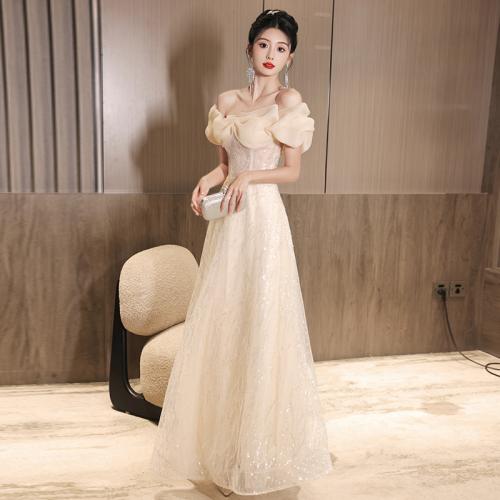 Polyester Off Shoulder & Slim Long Evening Dress patchwork Solid champagne PC