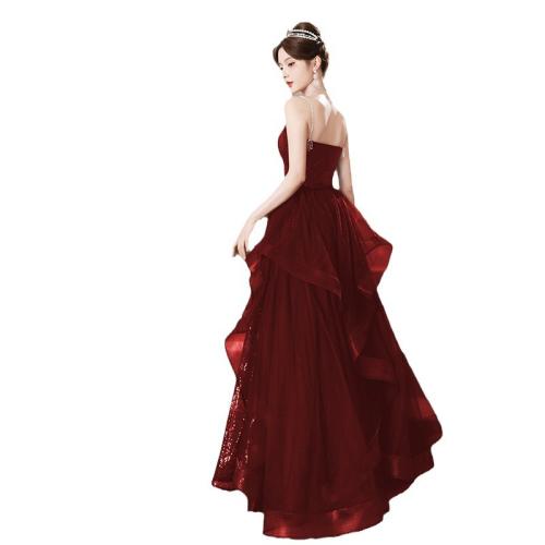 Spandex front slit Long Evening Dress backless patchwork Solid wine red PC