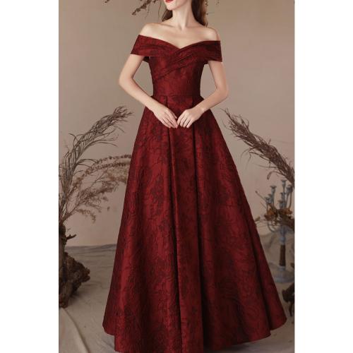 Polyester Off Shoulder Long Evening Dress large hem design patchwork Solid wine red PC