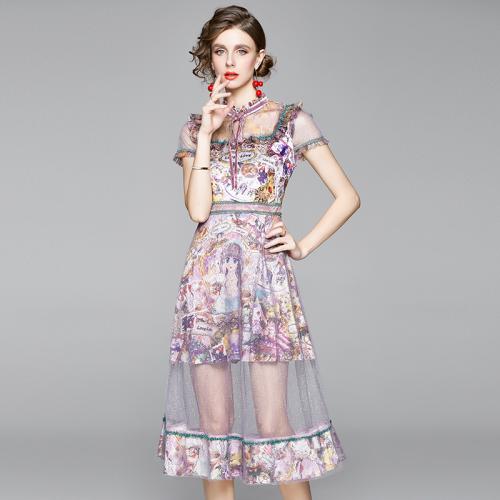 Polyester One-piece Dress see through look & slimming printed Cartoon light purple PC