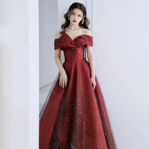 Polyester Off Shoulder Long Evening Dress large hem design patchwork Solid wine red PC