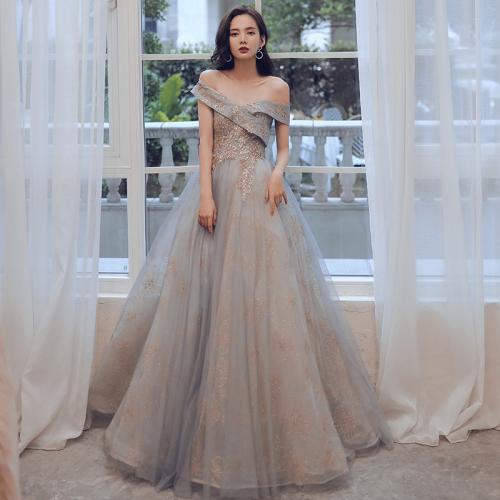 Polyester Off Shoulder Long Evening Dress large hem design patchwork gray PC