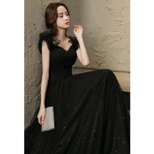 Spandex Slim Long Evening Dress large hem design patchwork Solid black PC