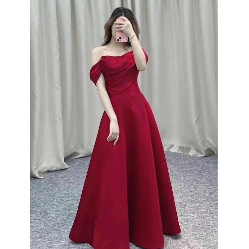 Polyester Langes Abendkleid, Patchwork, Solide, Wein rot,  Stück