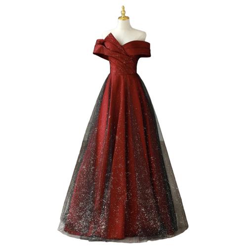 Polyester Robe longue de soirée Patchwork Solide vin rouge pièce