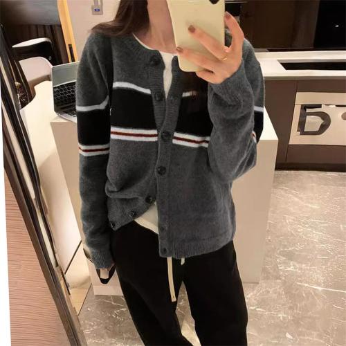 Spandex & Polyester Women Cardigan loose knitted striped : PC