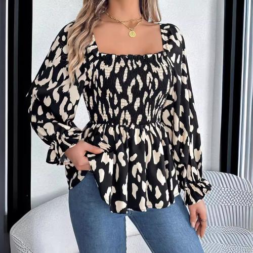 Polyester stringy selvedge Women Long Sleeve Blouses printed leopard PC