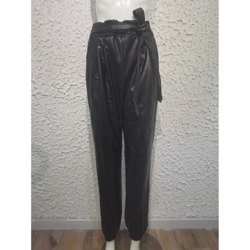 PU Leather High Waist Women Long Trousers & with pocket Solid black PC