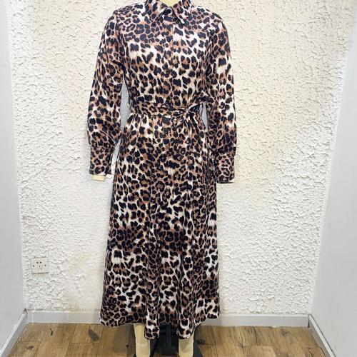 Polyester A-line Shirt Dress mid-long style printed leopard coffee PC