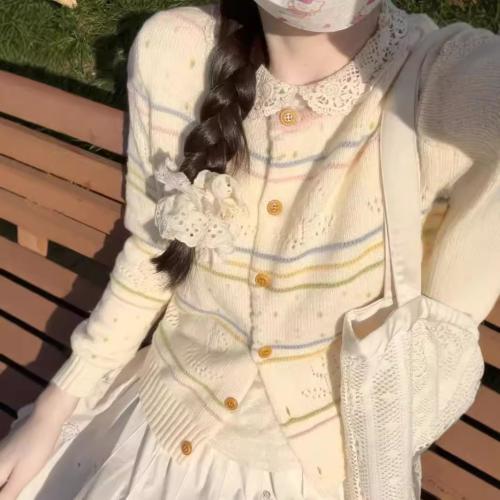 Acrylic & Spandex Women Cardigan loose & hollow striped white : PC