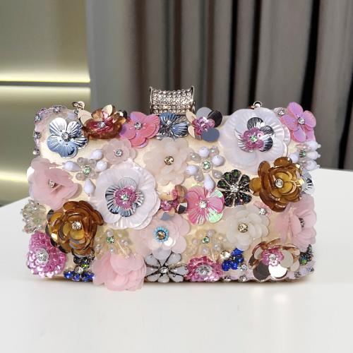 Plastic Pearl & Polyester Easy Matching Clutch Bag with rhinestone floral multi-colored PC