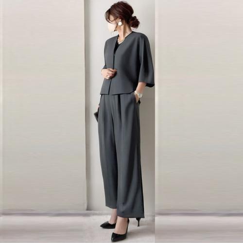 Polyester & Cotton Women Business Pant Suit & two piece Nine Point Pants & coat Solid gray Set