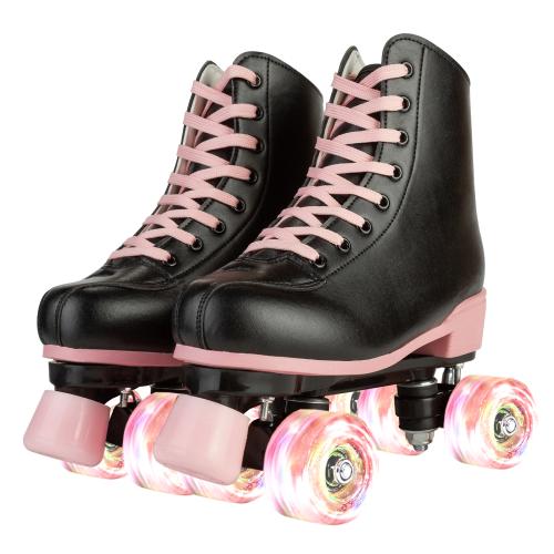 Rubber & PU Leather Flash Roller Skates patchwork black and pink Pair