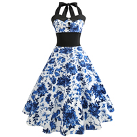 Polyester & Cotton High Waist One-piece Dress large hem design printed floral blue PC