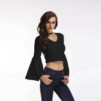 Polyester Crop Top Women Long Sleeve Blouses & hollow patchwork Solid PC
