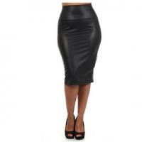 Synthetic Leather Plus Size & Sheath & High Waist Skirt & knee-length patchwork Solid PC