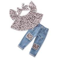 Cotton Children Clothes Set & for girl & two piece & breathable Pants & top printed leopard blue Set