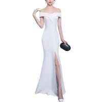 Polyester & Cotton floor-length & Mermaid Long Evening Dress side slit & backless & off shoulder plain dyed Solid PC