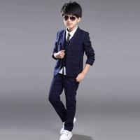 Cotton Boy Leisure Suit for boy & three piece vest & Pants & coat patchwork plaid blue Set