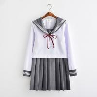 Polyester Schoolgirl Costume  skirt & top patchwork Solid gray Set