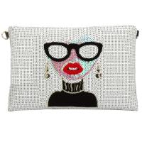 PU Leather Clutch Bag attached with hanging strap Tiny Glass Beads & Sequin character pattern white PC