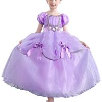 Polyester Ball Gown Children Princess Costume with bowknot & large hem design  Organza & Cotton oversleeve & skirt Solid purple Set