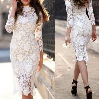Polyester Slim One-piece Dress & hollow & knee-length patchwork Solid PC