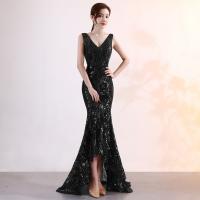 Polyester & Cotton Long Evening Dress deep V patchwork Solid PC