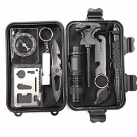 Iron Outdoor & Multifunction Survial Tools Set durable & multiple pieces & portable Plastic key light & SOS Whistle & Compass & Flashlight black PC