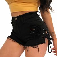 Spandex & Polyester & Cotton Hot Pant & Ripped & Slim Women Jeans & breathable patchwork Solid black PC